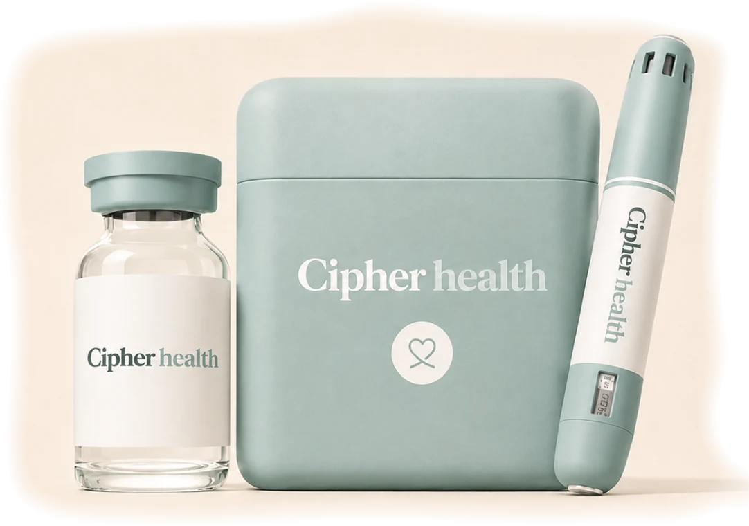 Cipher Health branded treatment pack: a glass vial, a storage case, and an injector pen