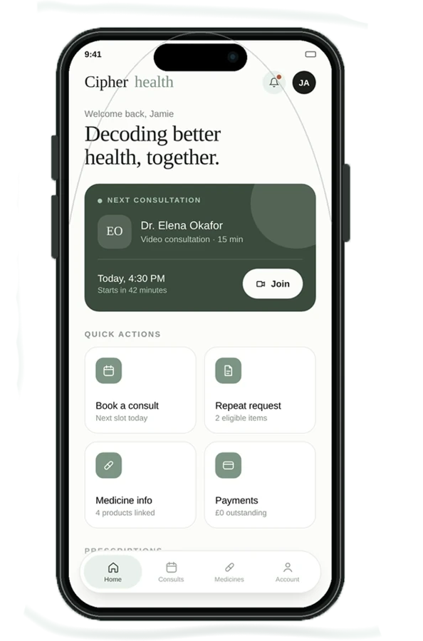 The Cipher Health patient portal on a phone, showing an upcoming video consultation and quick actions
